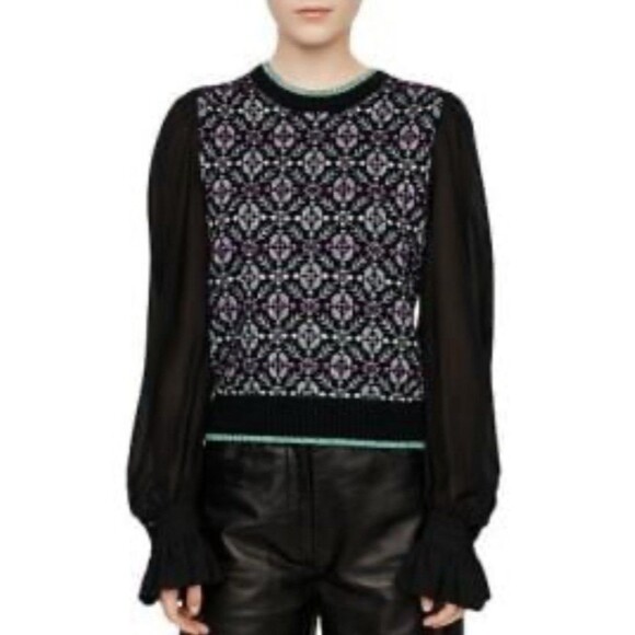 Maje Paris Maely Jacquard Knit Top Black Sheer Long Sleeve Sz 2 (US S) NWT $295 - Picture 1 of 9